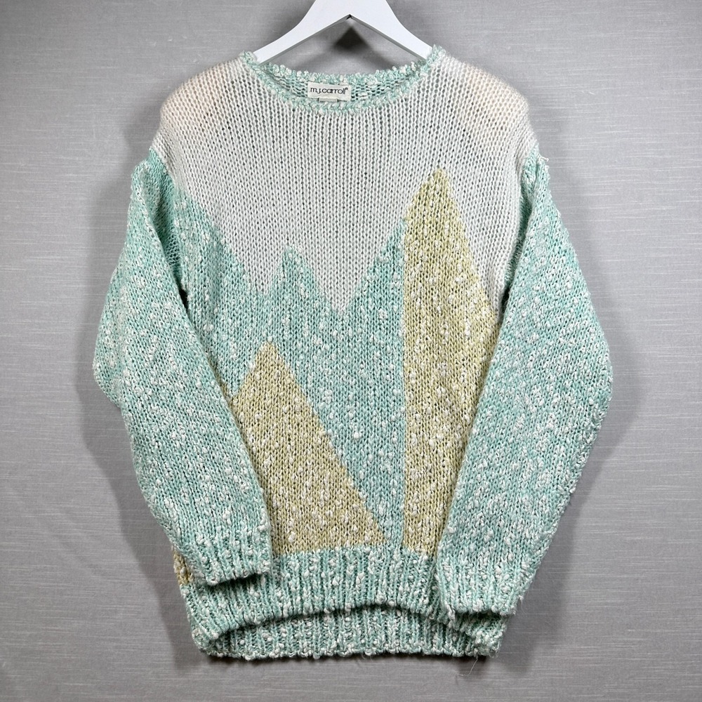 Vintage MJ Carroll Sweater Womens Medium Pastel Colorblock Knit Pullover 80s